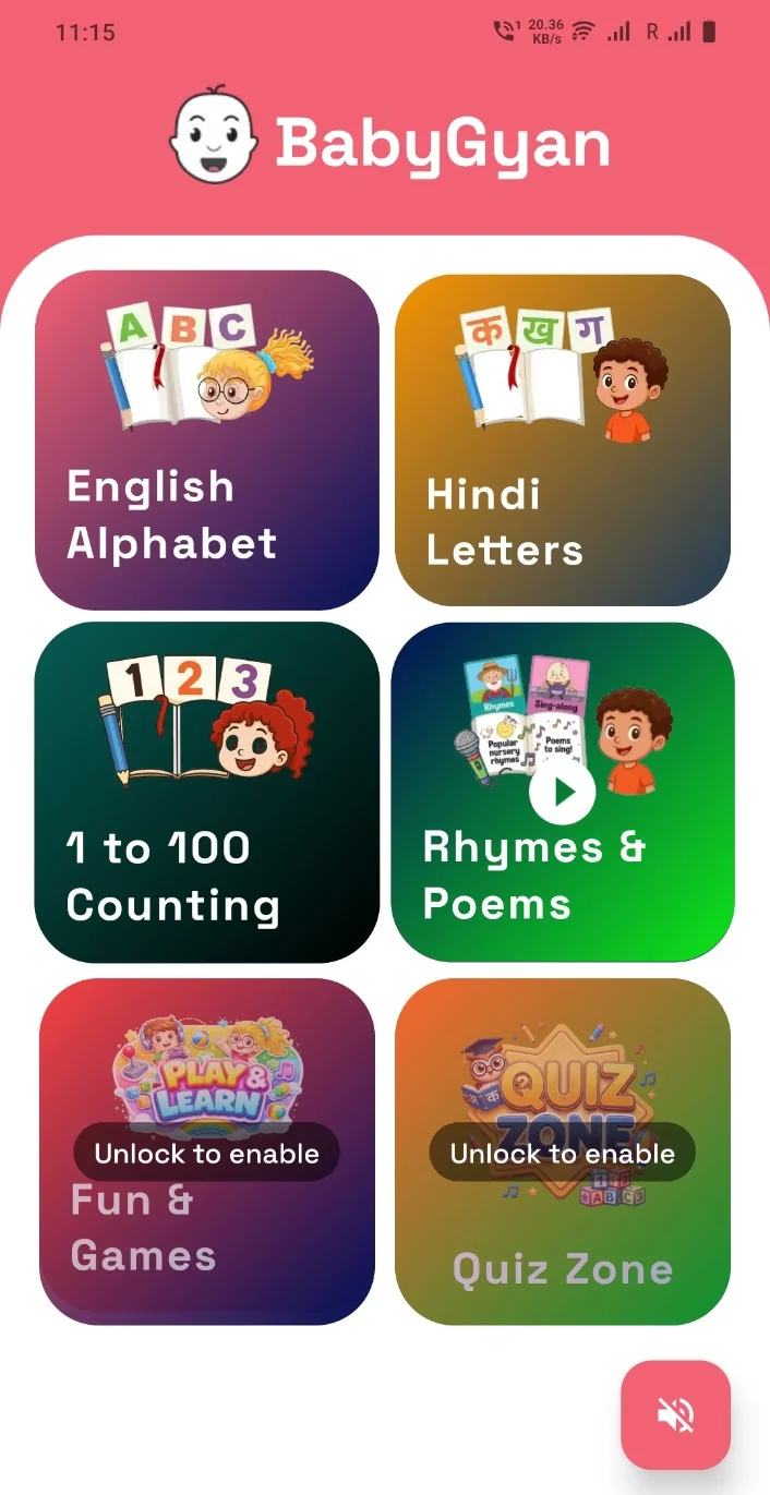 BabyGyan home screen with English alphabet, Hindi letters, counting, rhymes, games, and quizzes