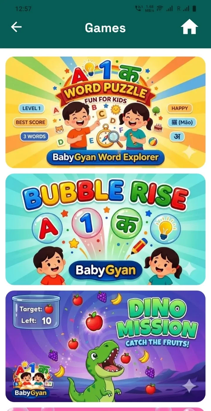 BabyGyan games including Word Explorer, Bubble Rise, and Dino Mission