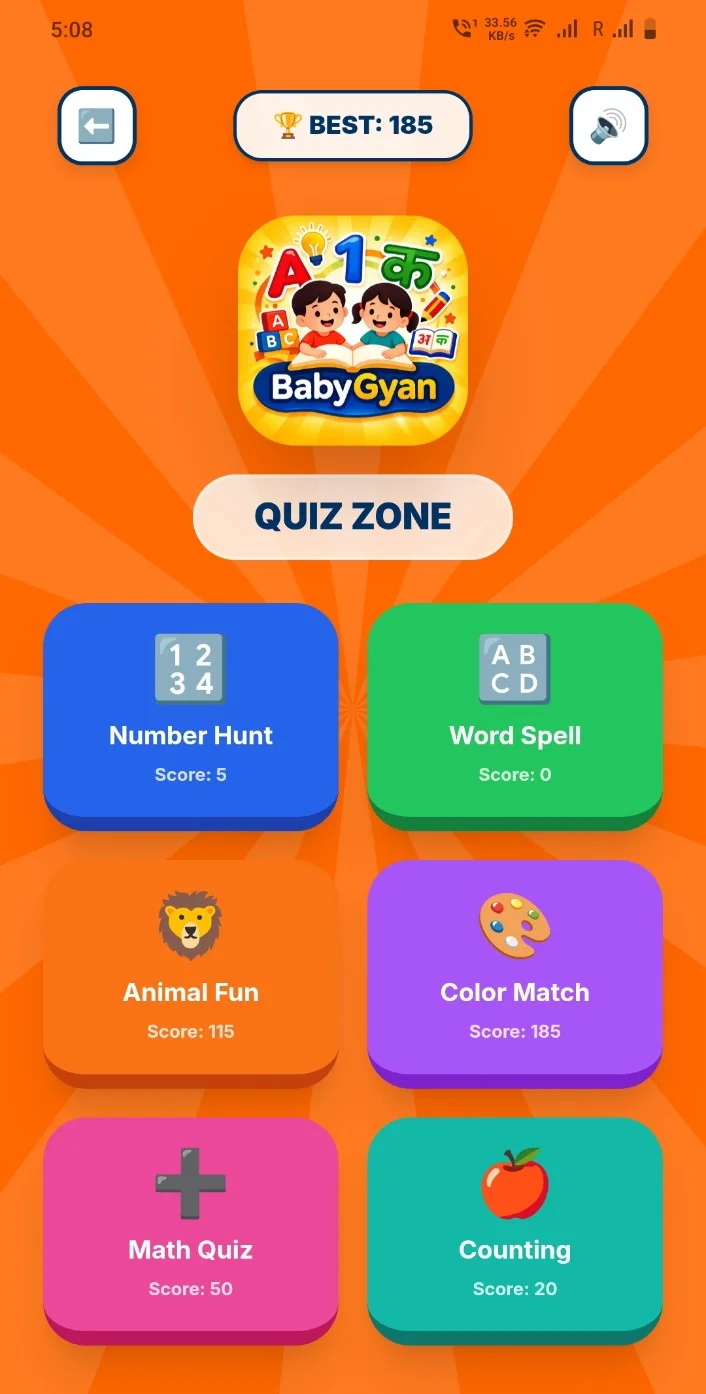 BabyGyan quizzes for numbers, spelling, animals, colors, math, and counting
